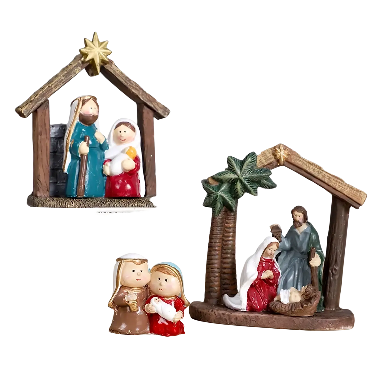 Nativity set resin christmas table decor featuring painted resin figurines and wooden style stable structures