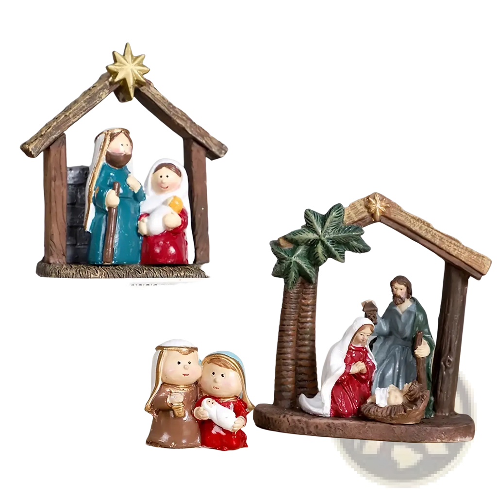 Nativity set resin christmas table decor featuring painted resin figurines and wooden style stable structures