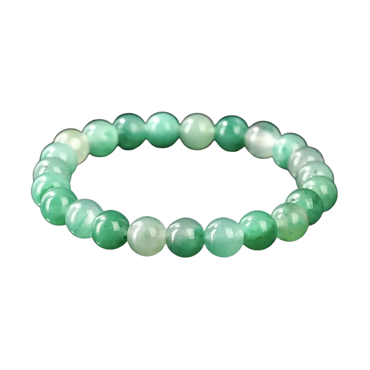 A natural African jade bead bracelet with smooth round beads in varying translucent green and white shades unisex gemstone