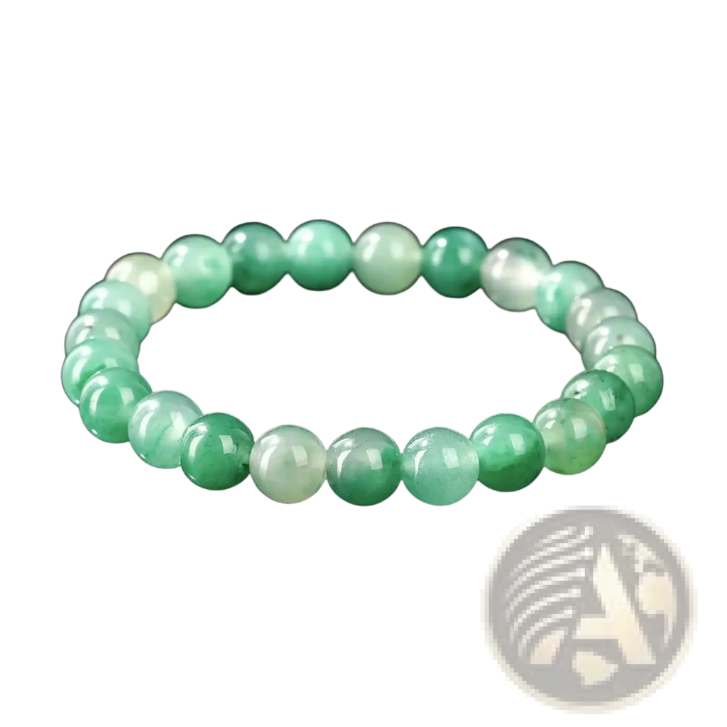 A natural African jade bead bracelet with smooth round beads in varying translucent green and white shades unisex gemstone