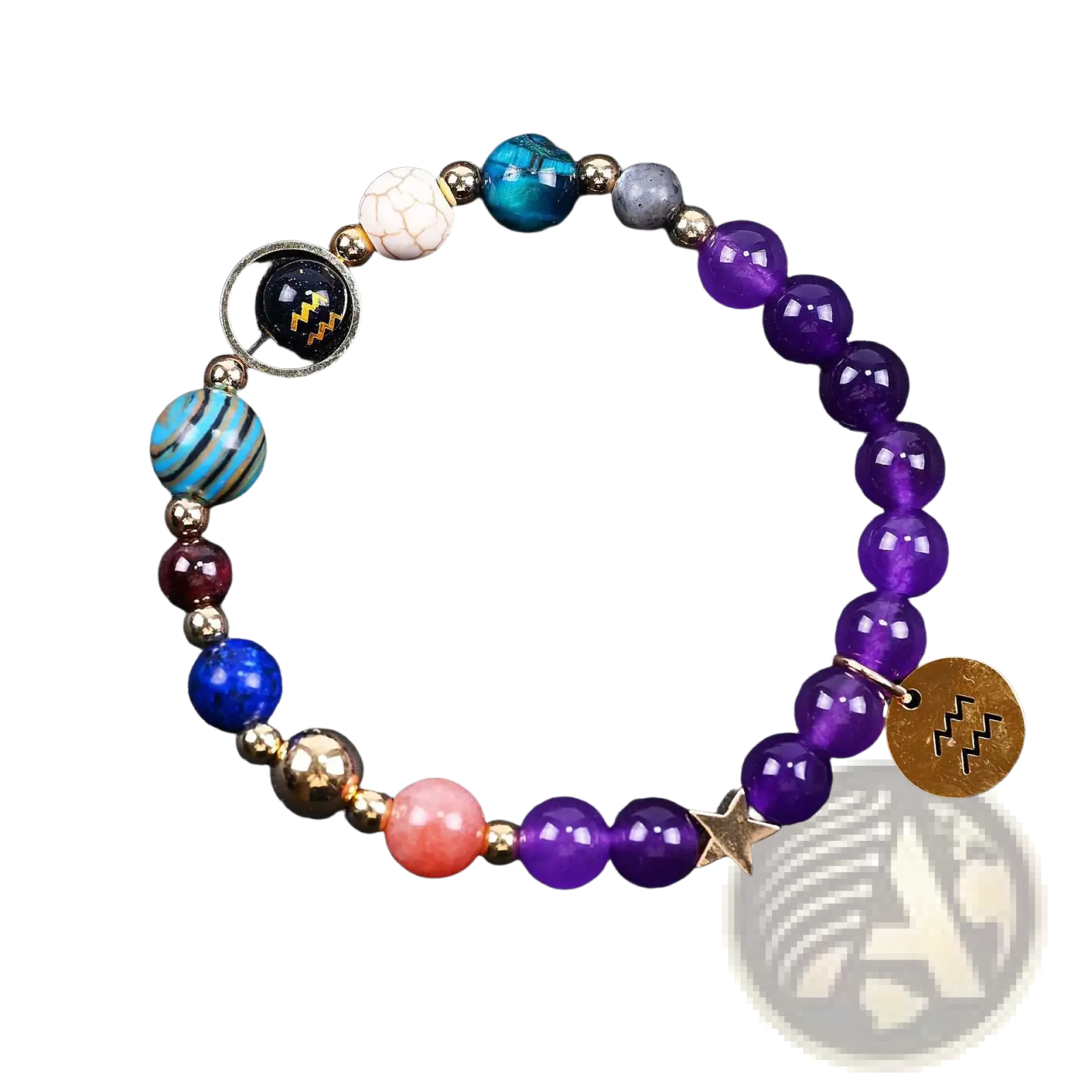 Natural amethyst and agate twelve zodiac beaded bracelet with purple blue coral gold beads star charm and zodiac pendants