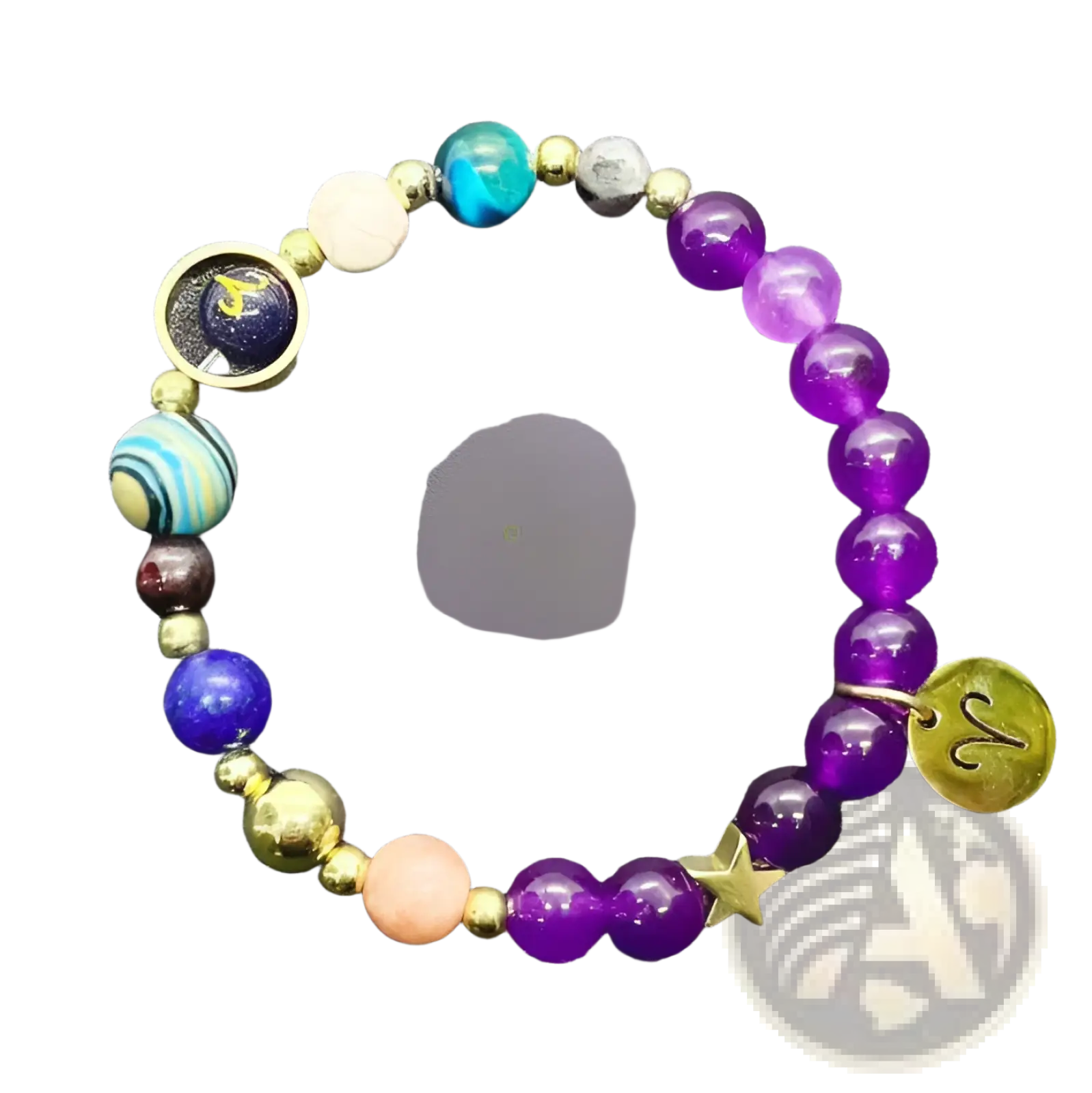 Natural amethyst and agate twelve zodiac beaded bracelet with purple blue gold beads star charm and zodiac symbol accent