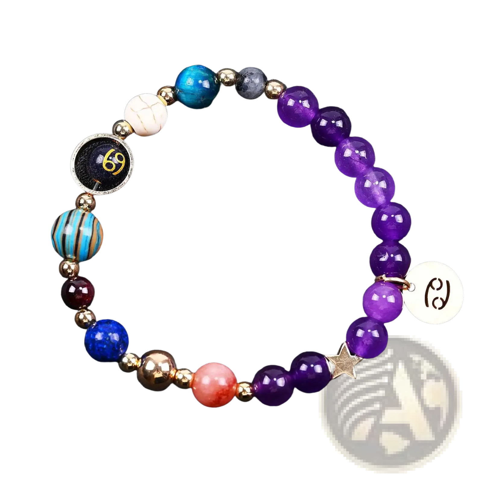 Natural amethyst and agate twelve zodiac beaded bracelet with purple blue white orange stones and gold star charm