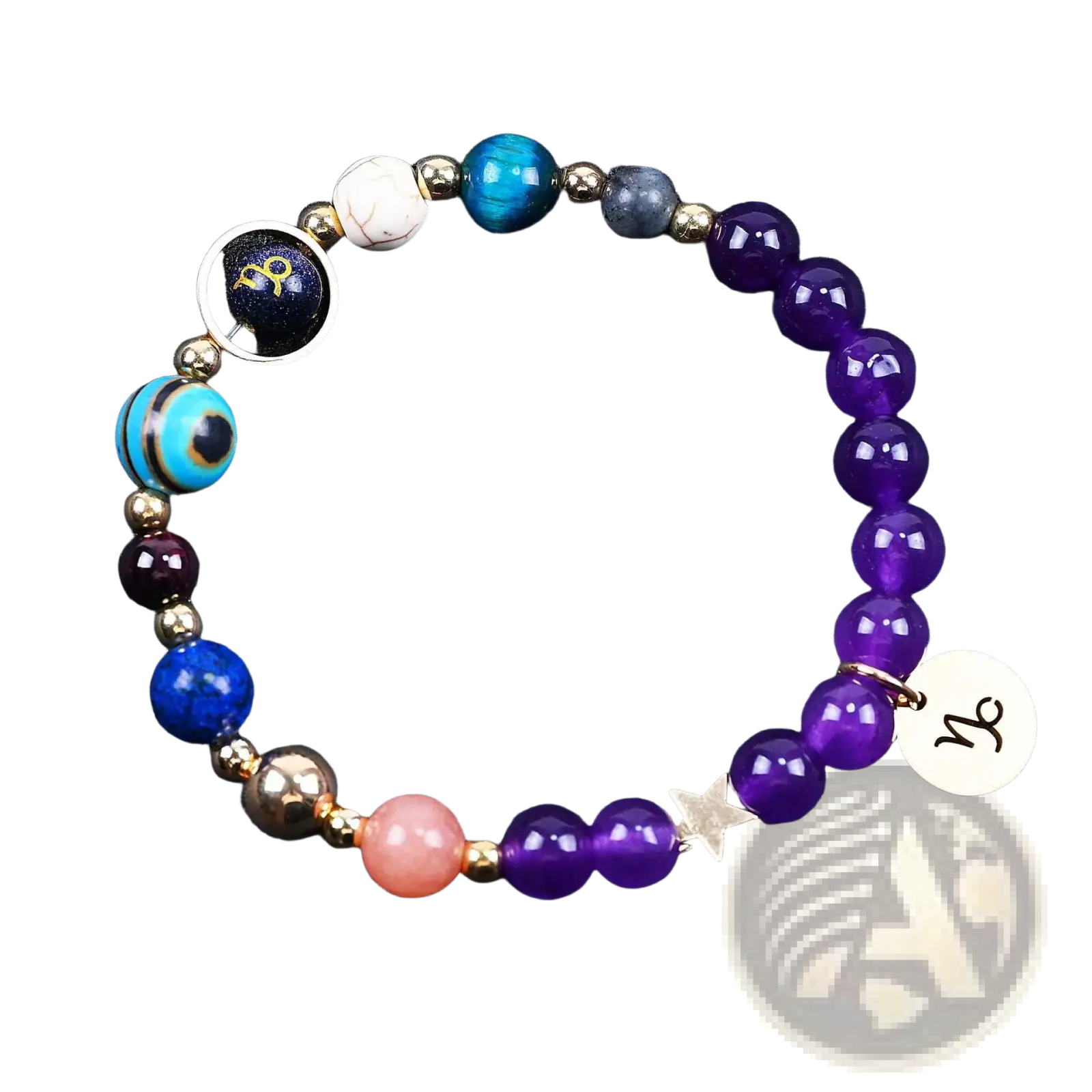 Natural amethyst and agate twelve zodiac beaded bracelet with purple blue pink gemstones and gold-toned accents