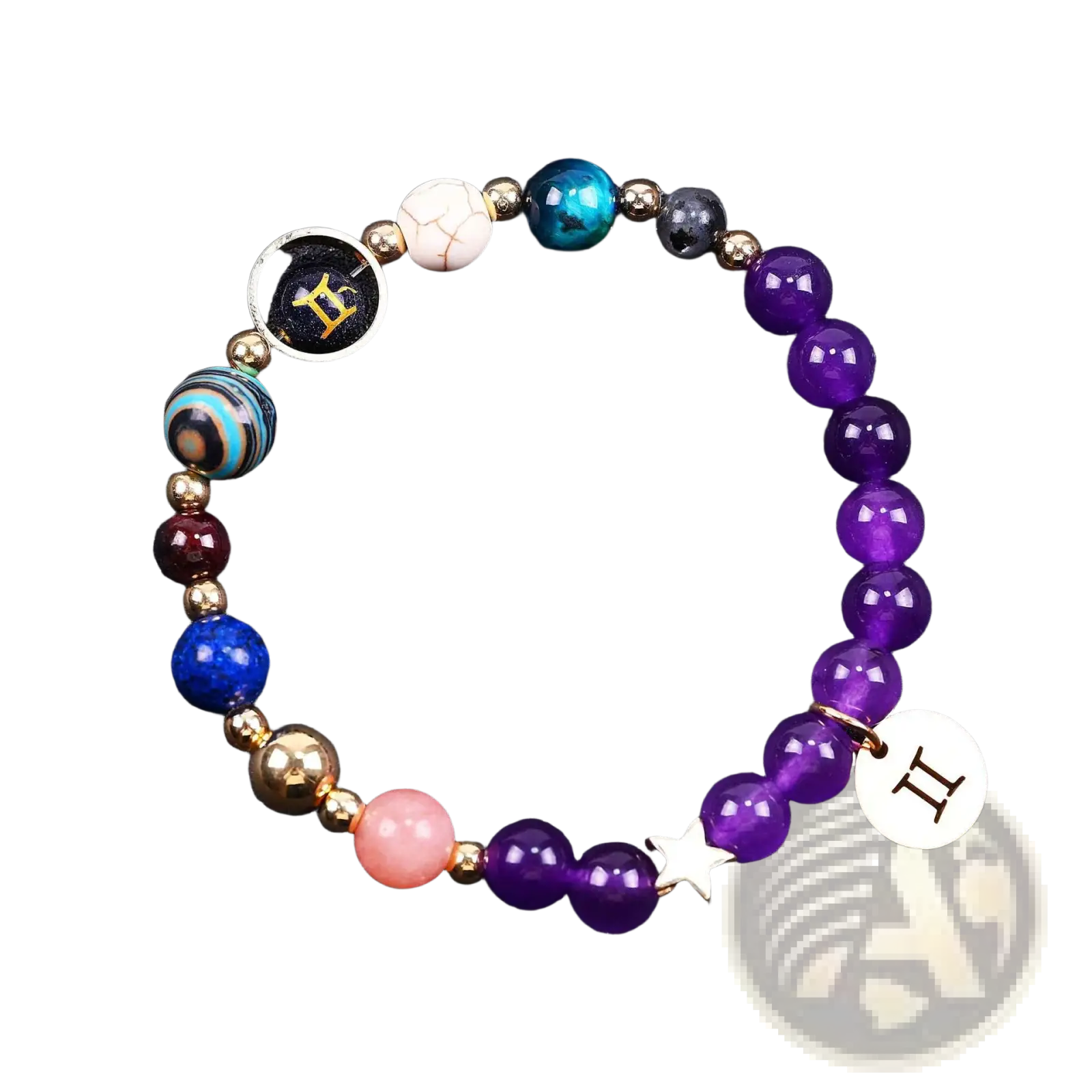Natural amethyst and agate twelve zodiac beaded bracelet with vibrant purple stones colorful beads metallic accents and star charm