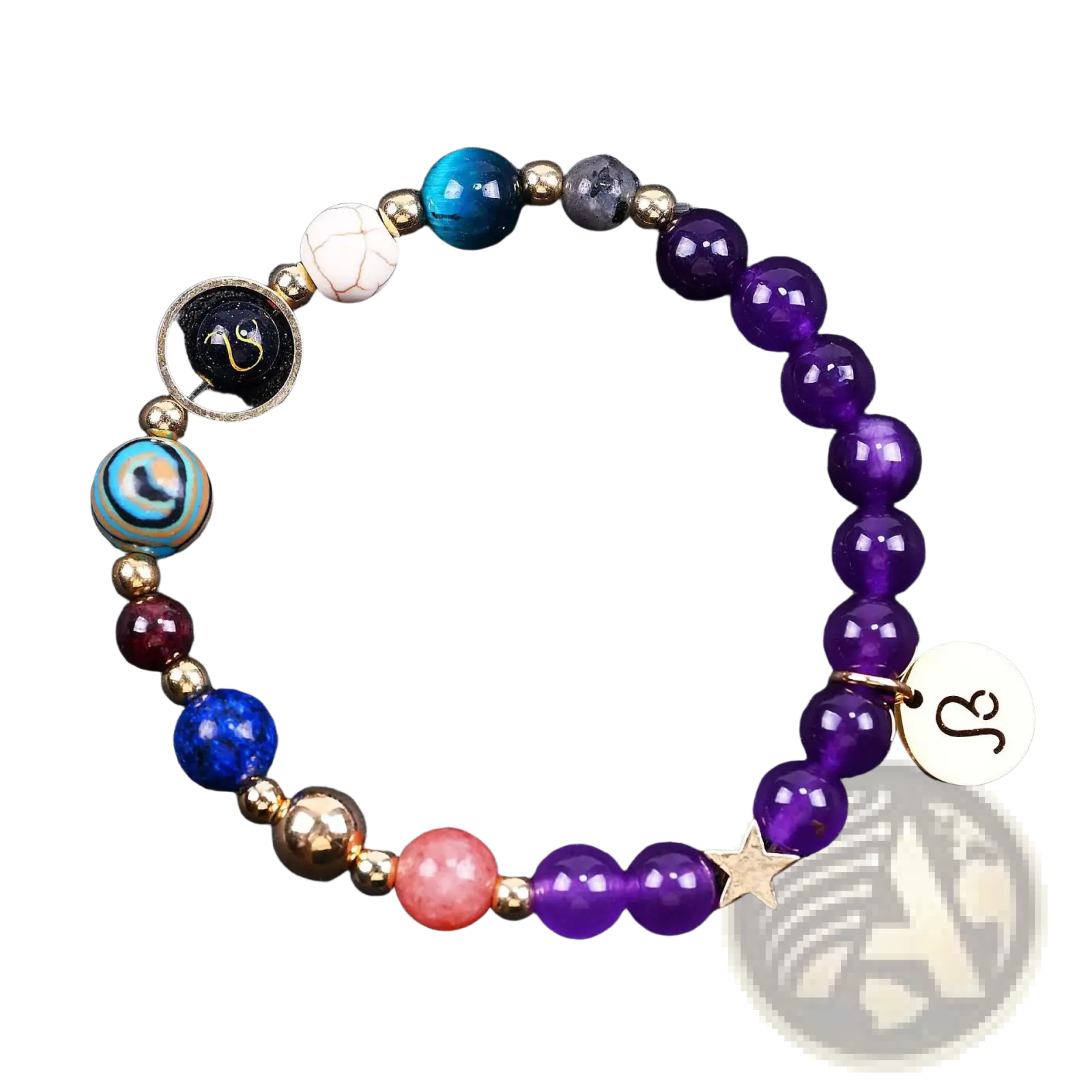 Natural amethyst and agate twelve zodiac beaded bracelet with colorful gemstones and gold-toned star and zodiac charms