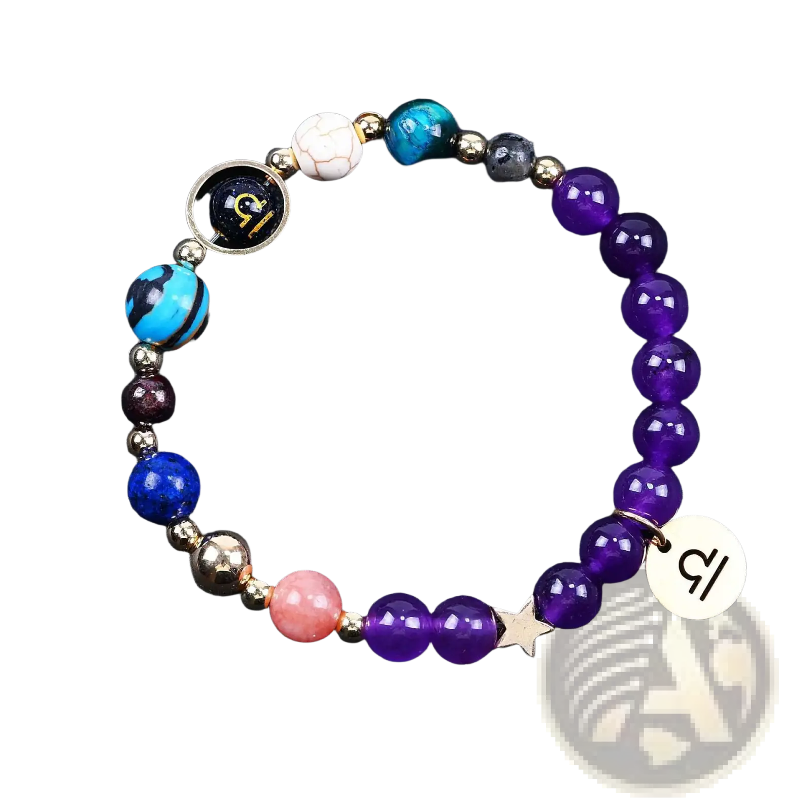 Natural amethyst and agate twelve zodiac beaded bracelet with purple, turquoise beads and star and gemini charms