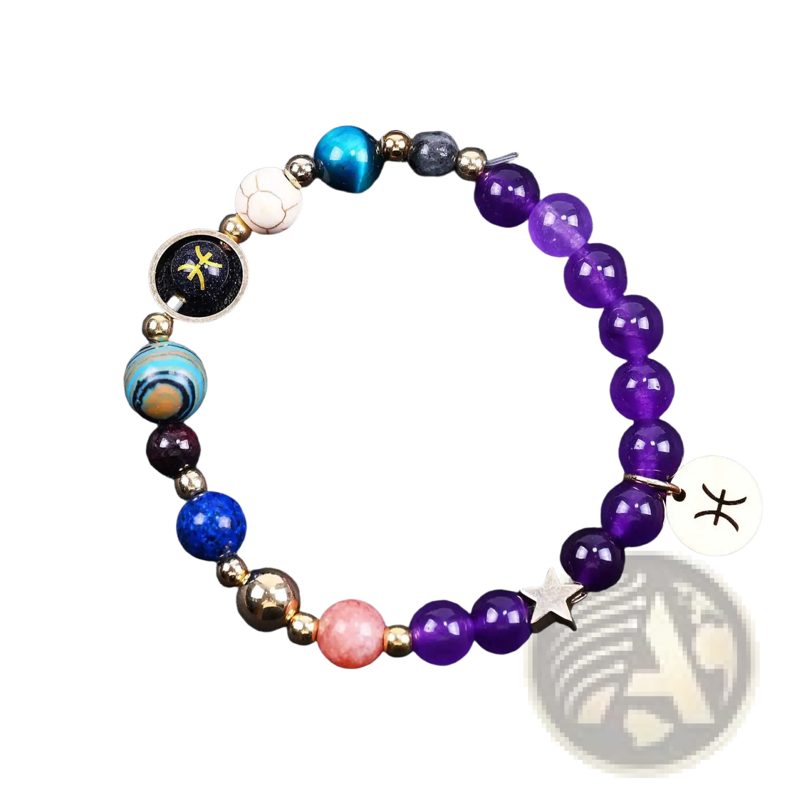 Natural amethyst and agate twelve zodiac beaded bracelet with purple amethyst, blue lapis lazuli, and zodiac charms