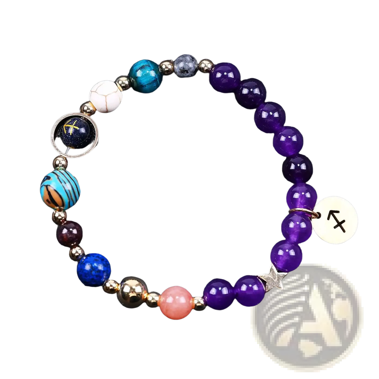 Natural amethyst and agate twelve zodiac beaded bracelet with purple blue peach gemstones and gold metal accents