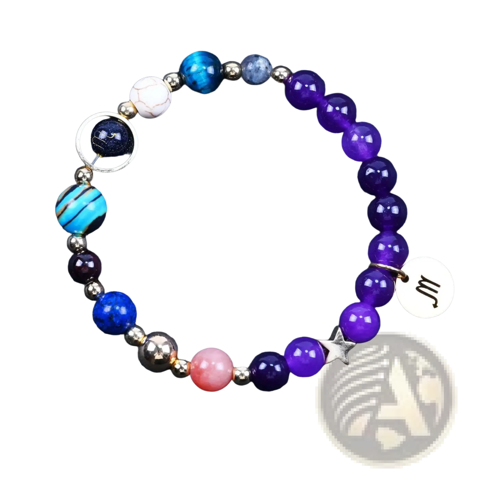 Natural amethyst and agate beaded bracelet with purple blue pink gemstones metallic accents and silver scorpio charm