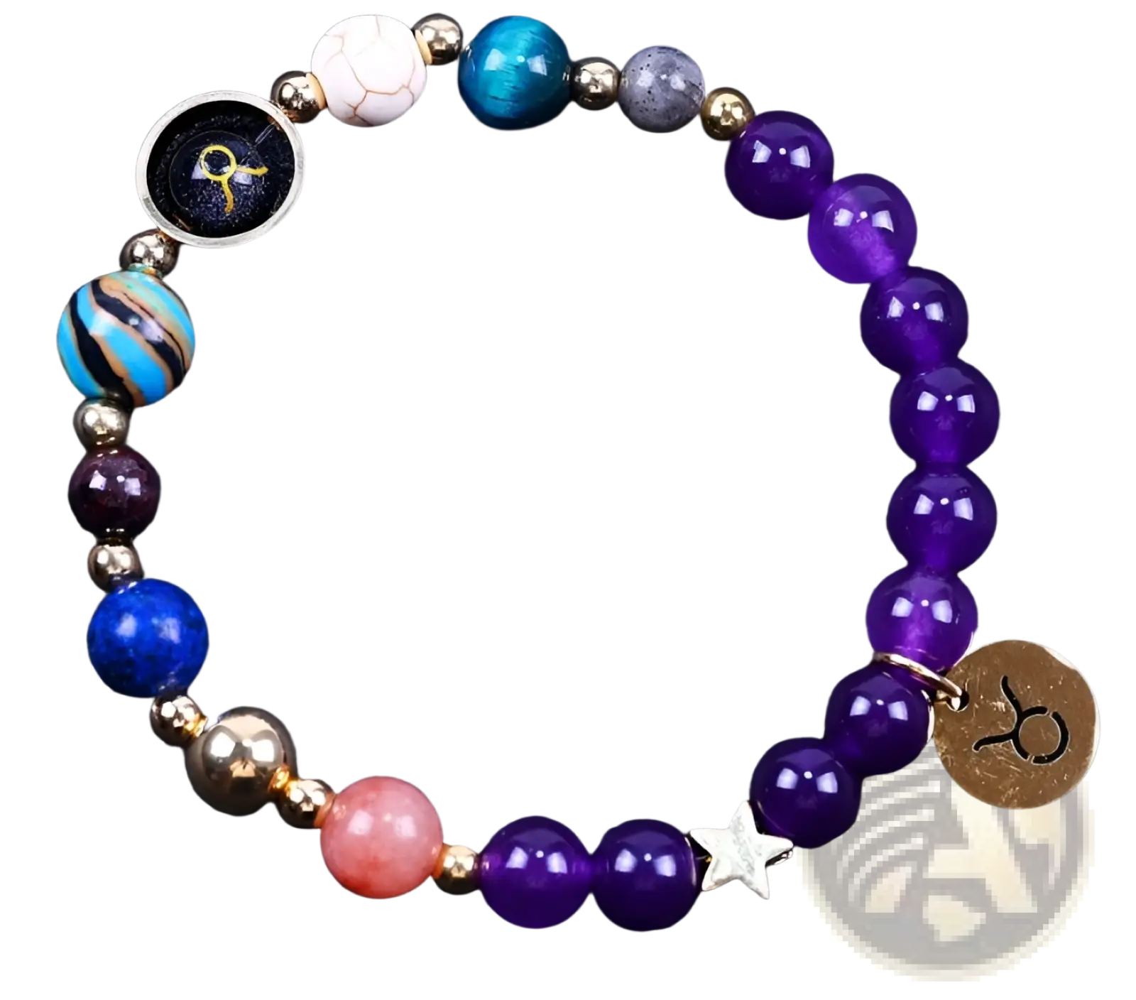 A vibrant multi-colored natural amethyst and agate twelve zodiac beaded bracelet with star charm and metallic accents