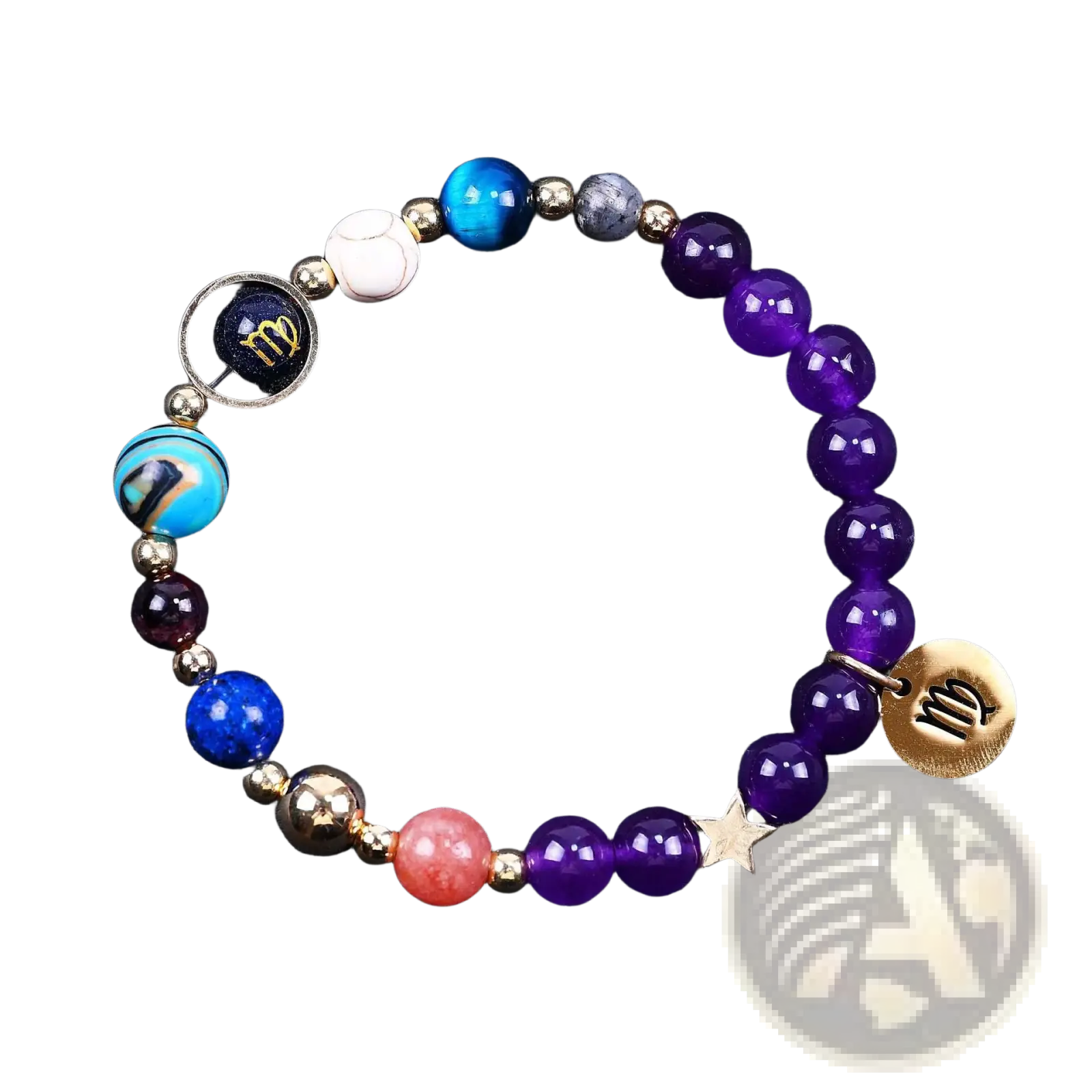 A vibrant stretchy beaded natural amethyst and agate twelve zodiac bracelet with purple and blue stones and gold charms