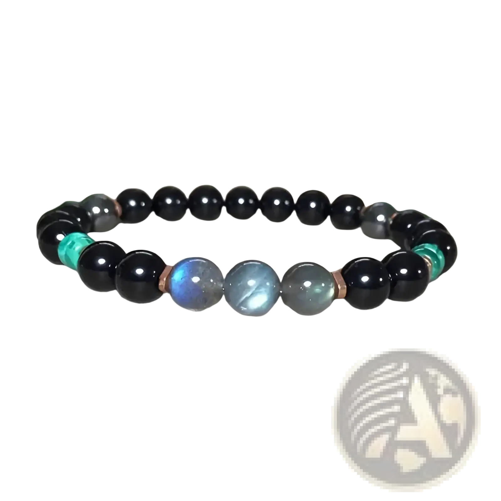 Natural amethyst and magnetic stone beaded unisex bracelet with black obsidian, labradorite, turquoise, and copper spacers