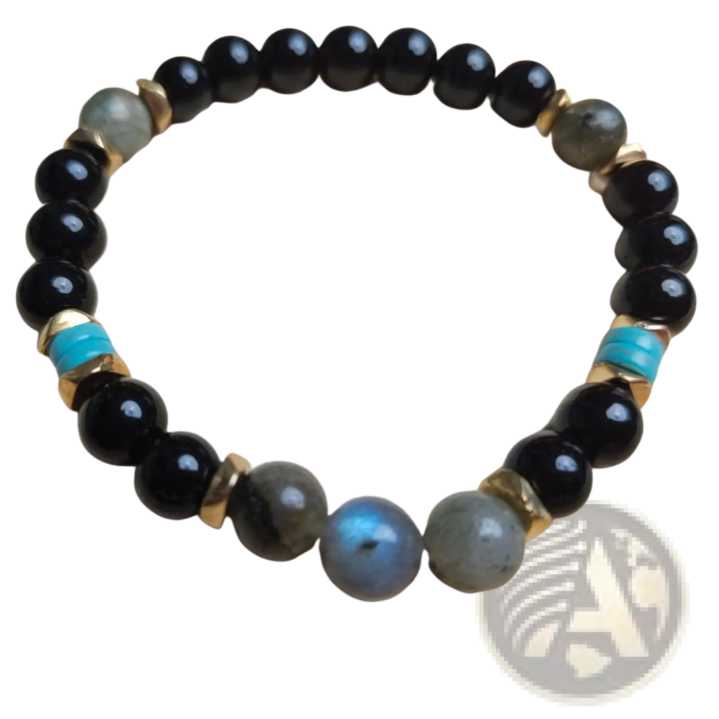 Natural amethyst and magnetic stone beaded unisex bracelet with black gray turquoise beads and gold-toned spacers