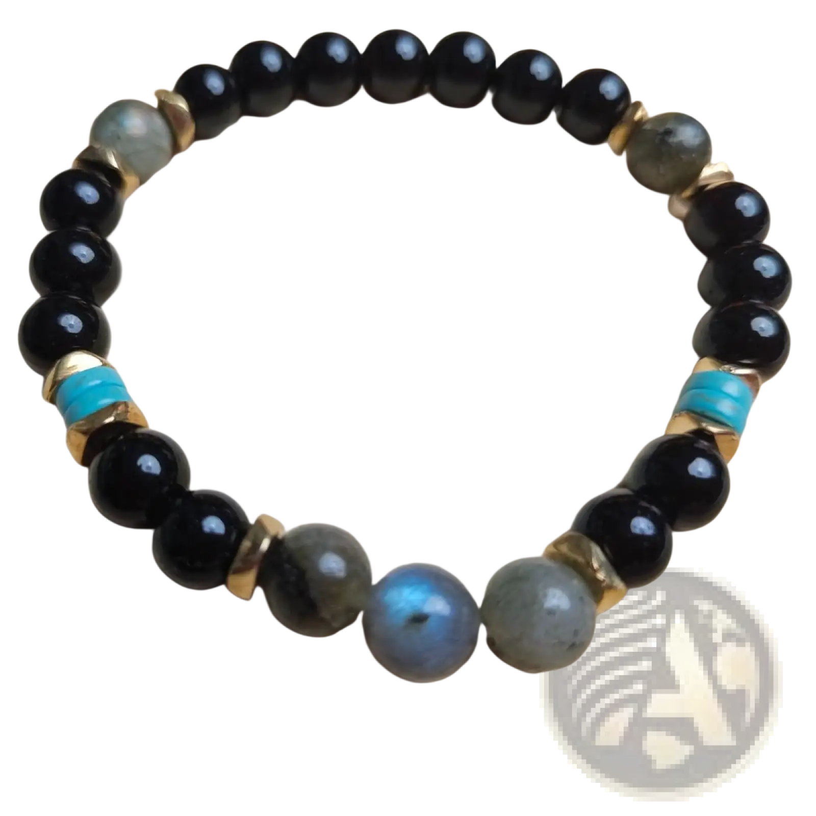 Natural amethyst and magnetic stone beaded unisex bracelet with black gray turquoise beads and gold-toned spacers