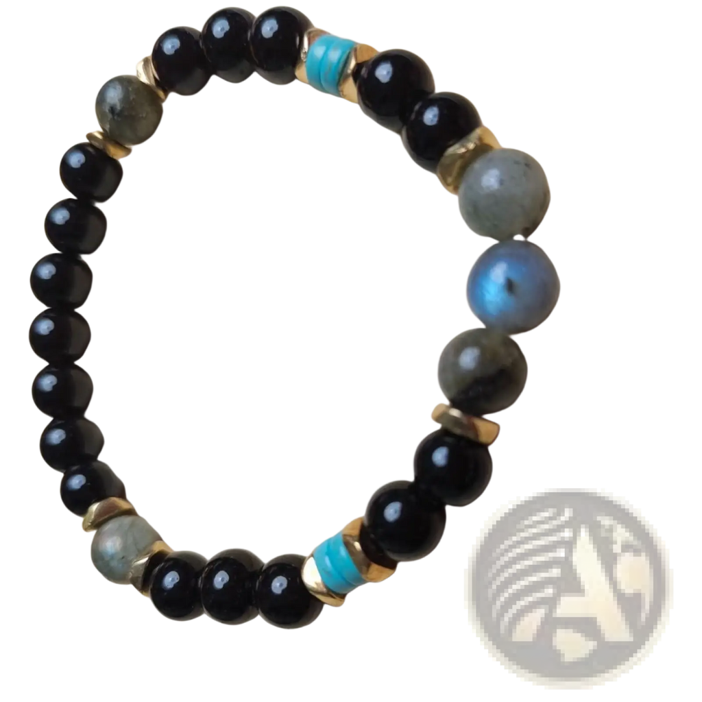 Natural amethyst and magnetic stone beaded unisex bracelet with black gray-blue labradorite and turquoise accents