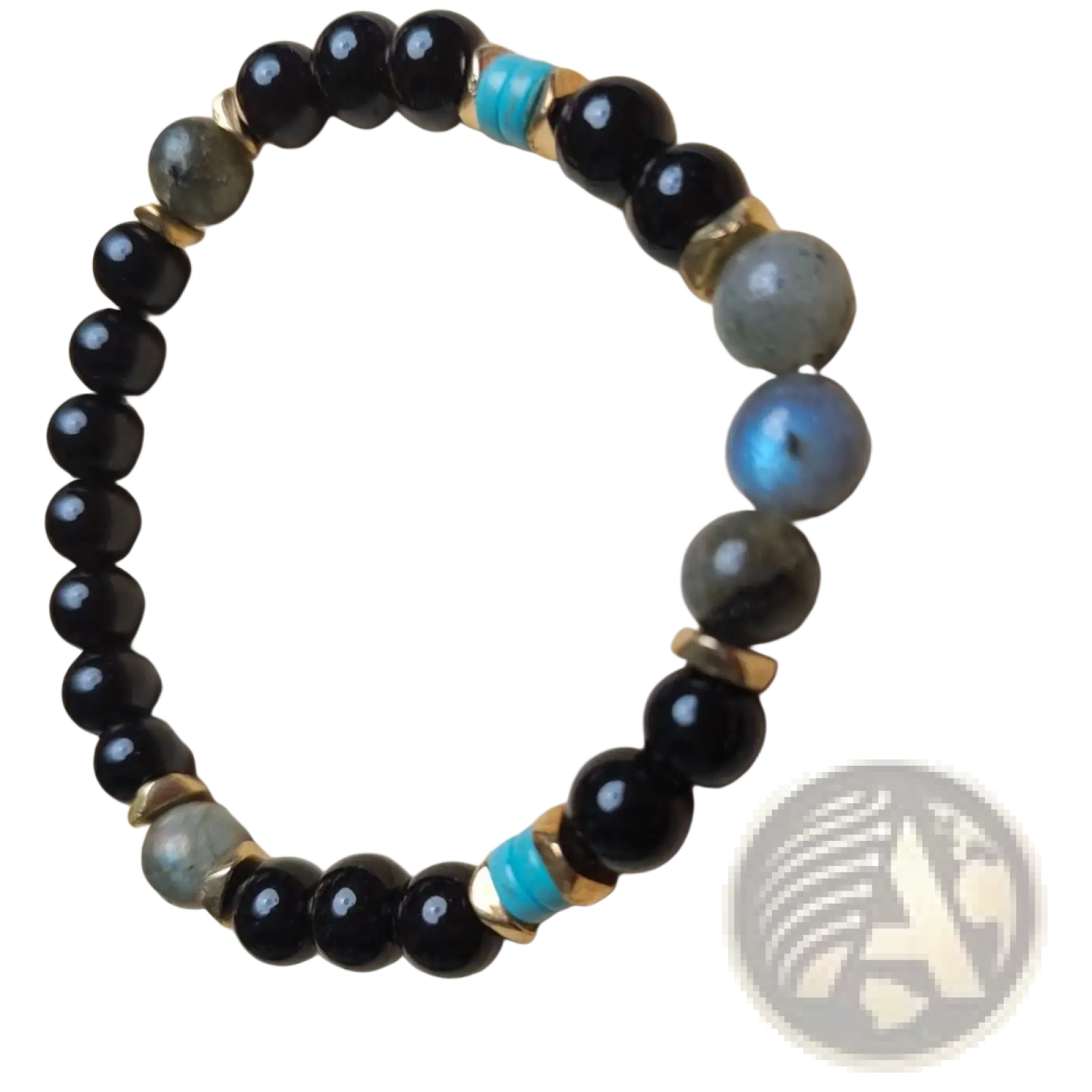 Natural amethyst and magnetic stone beaded unisex bracelet with black gray-blue labradorite and turquoise accents