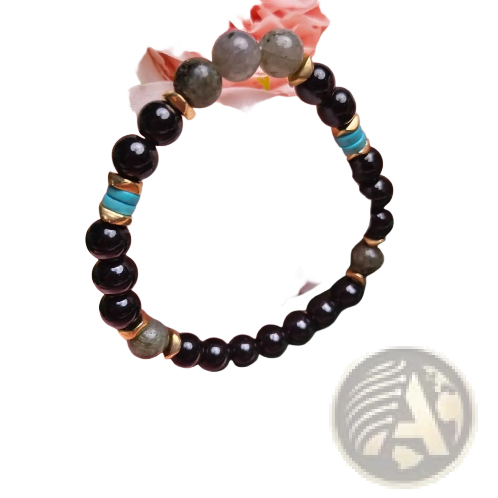 A natural amethyst and magnetic stone beaded unisex bracelet with black onyx gray labradorite turquoise beads and gold spacers