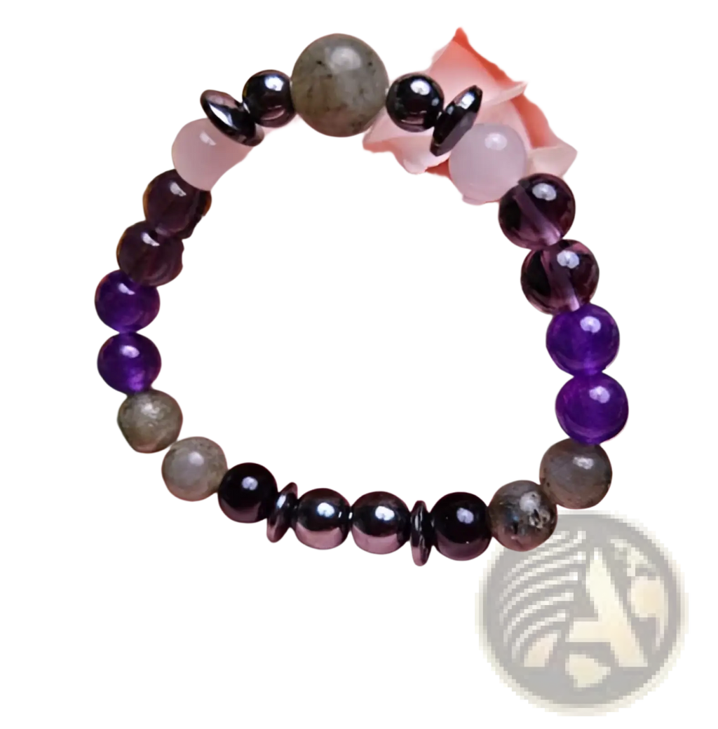Natural amethyst and magnetic stone beaded unisex bracelet with alternating purple amethyst gray and black beads and central gray bead