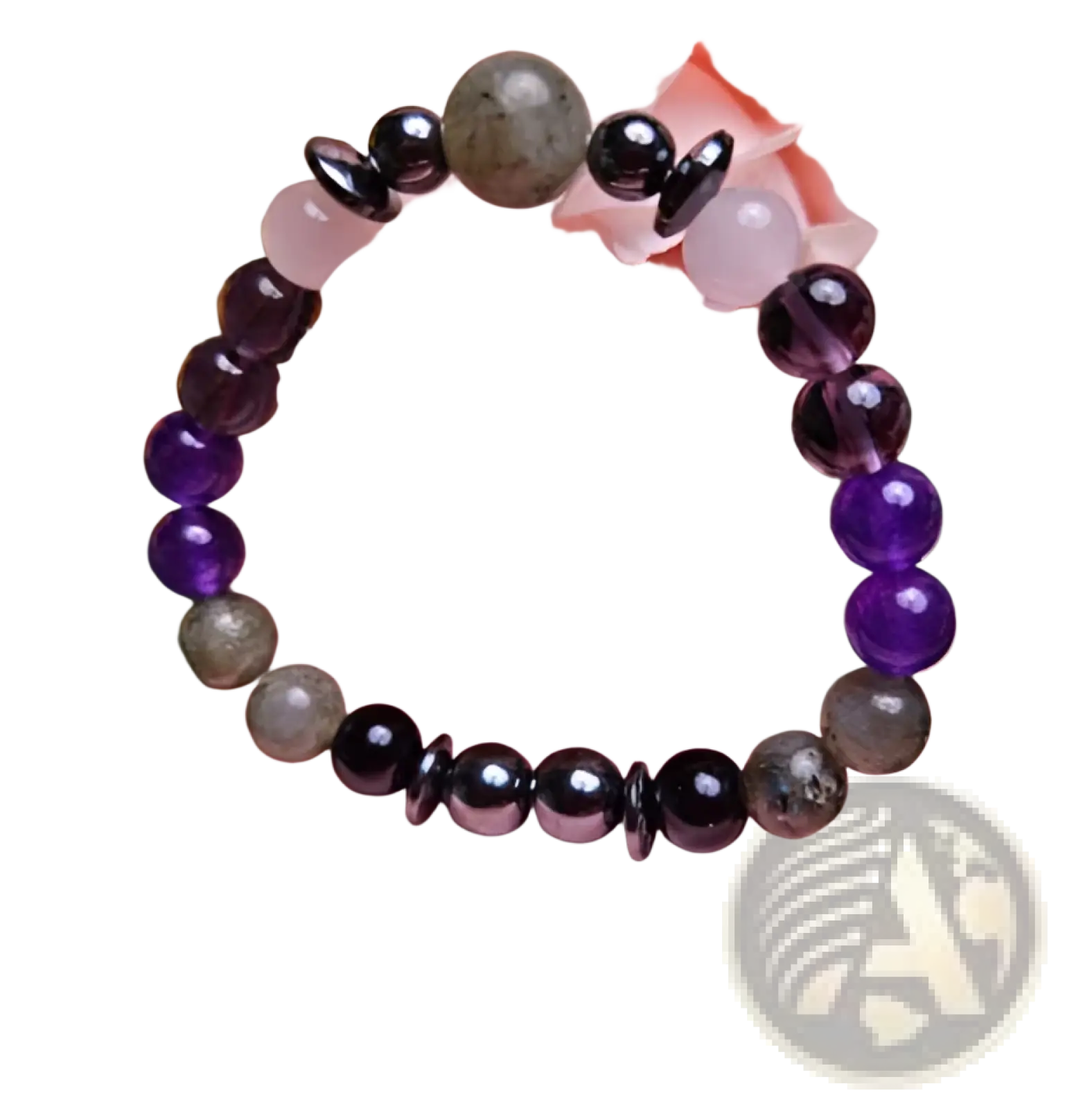 Natural amethyst and magnetic stone beaded unisex bracelet with alternating purple amethyst gray and black beads and central gray bead