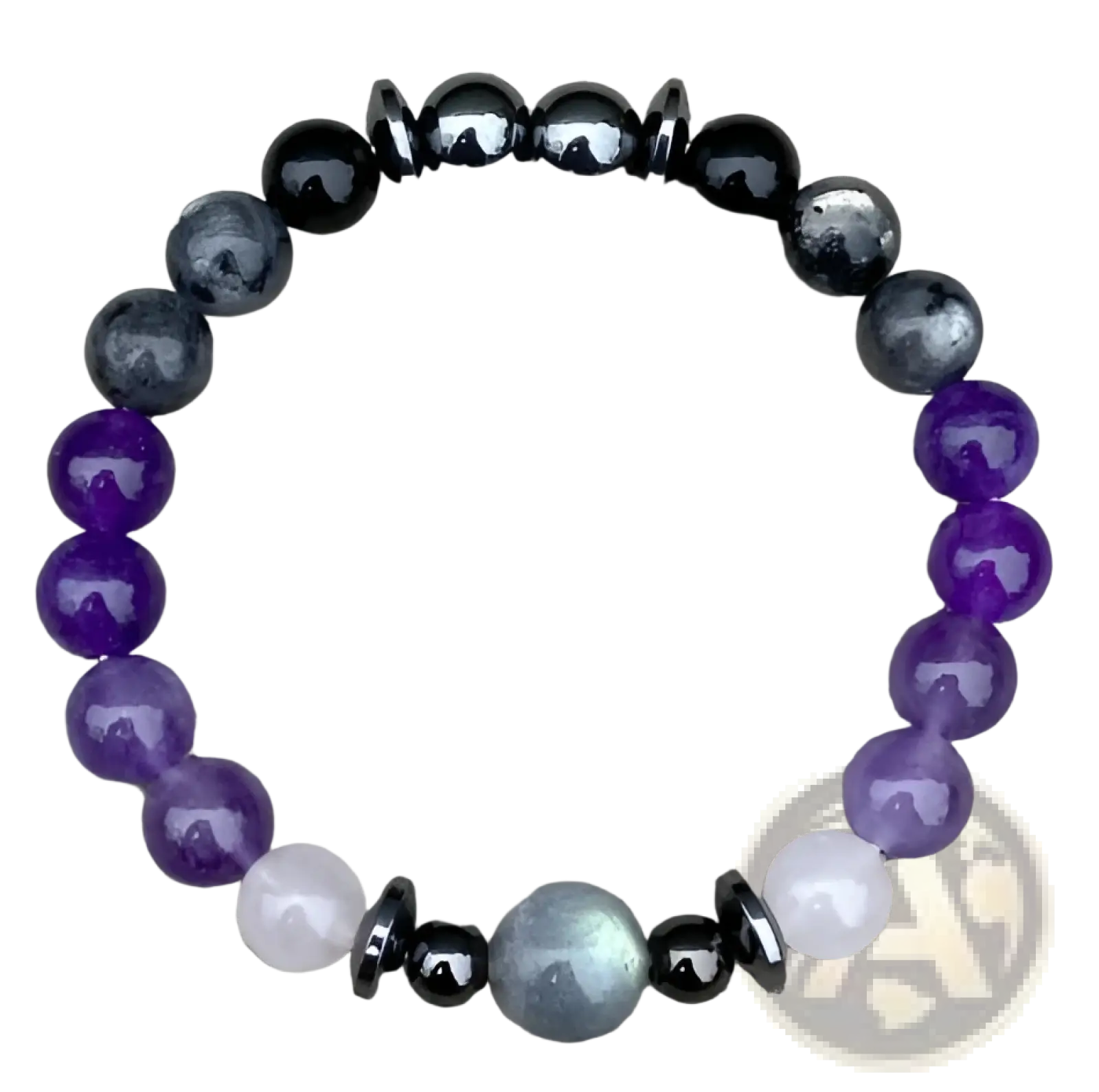 Natural amethyst and magnetic stone unisex bracelet with polished black purple gray beads and a central iridescent stone