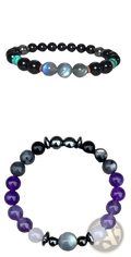 A natural amethyst and magnetic stone beaded unisex bracelet with black, purple, and iridescent blue-green stones