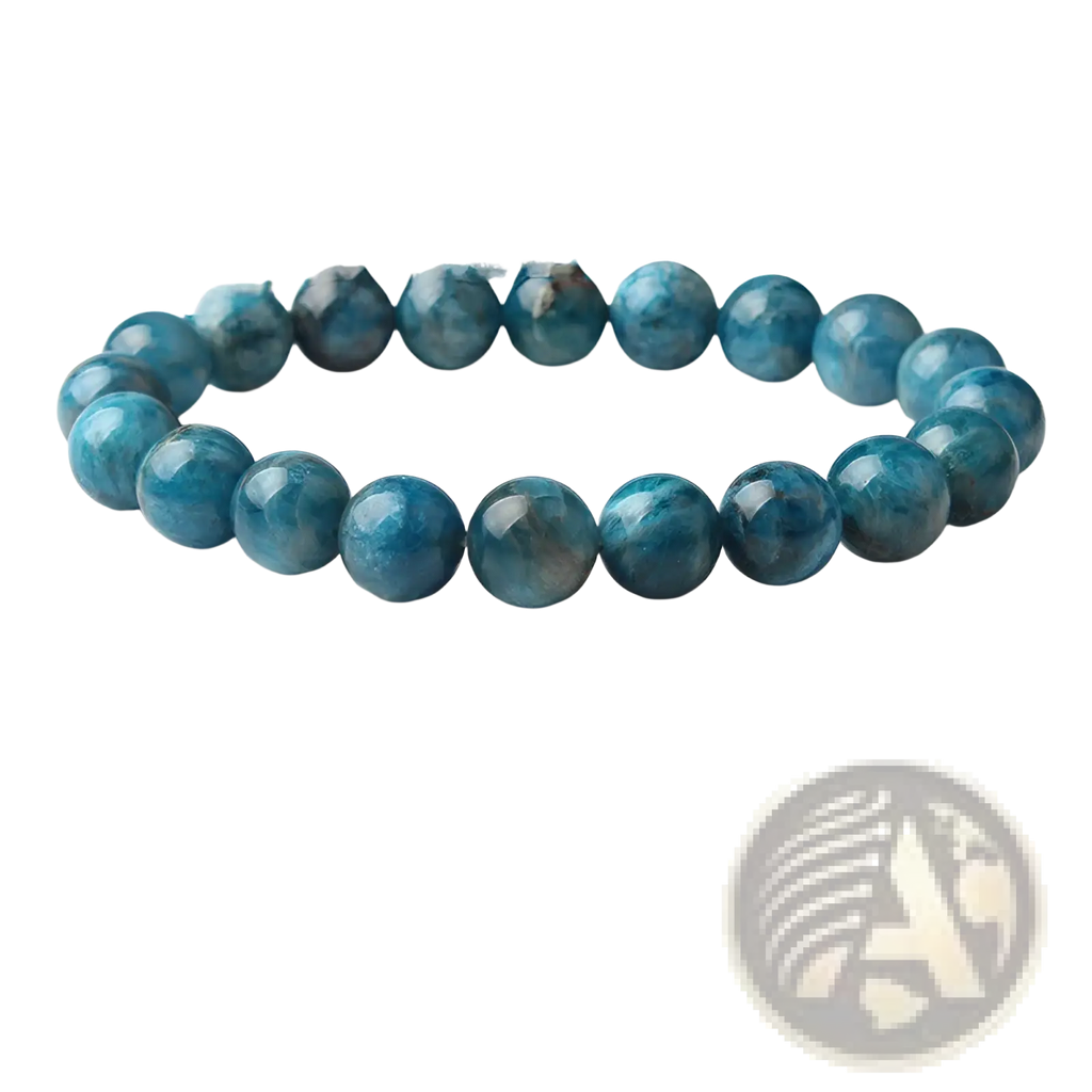 Natural blue apatite polished stone elastic bead bracelet with rounded beads in varying shades of blue