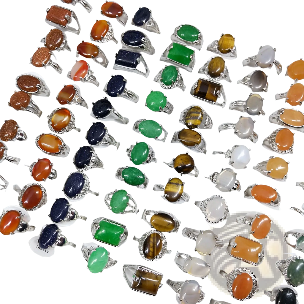 Natural gemstone silver tone statement rings with oval rectangular and round cabochon gemstones in multiple colors