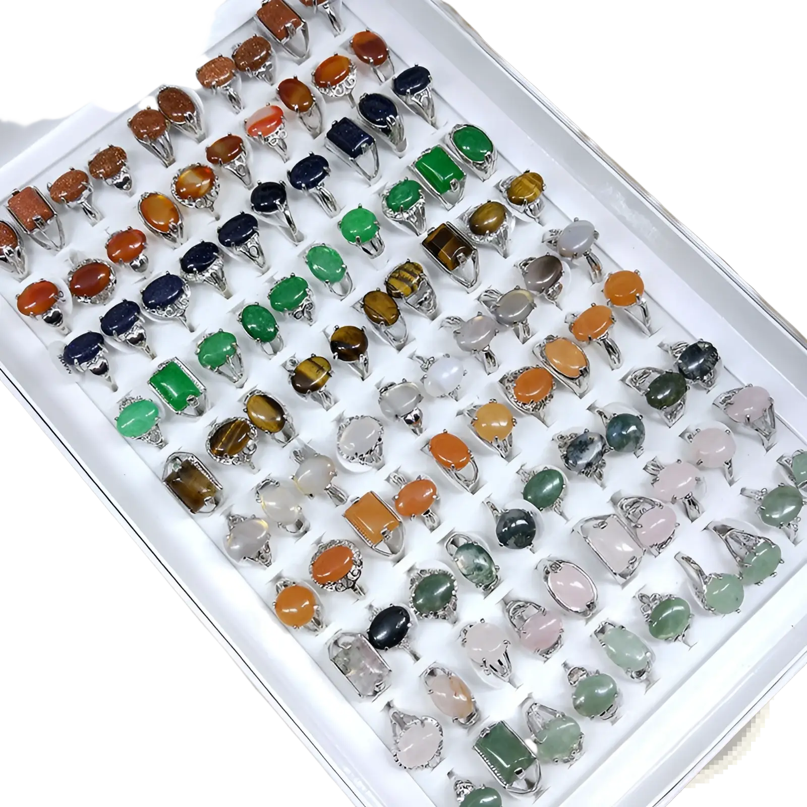 Natural gemstone silver tone statement ring collection featuring colorful oval and rectangular stones in vibrant hues