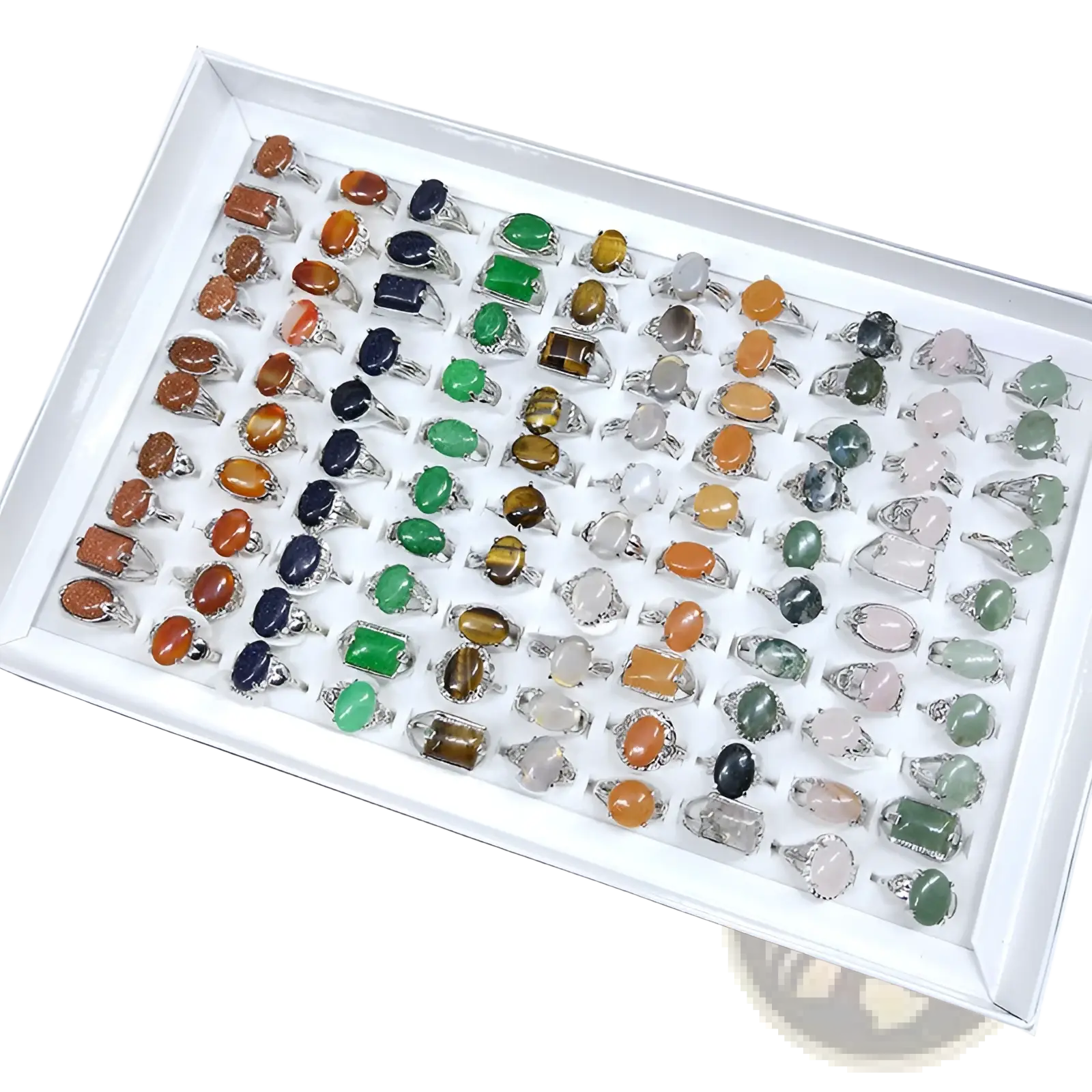 Natural gemstone silver tone statement ring collection featuring colorful oval and rectangular stones in metal bands