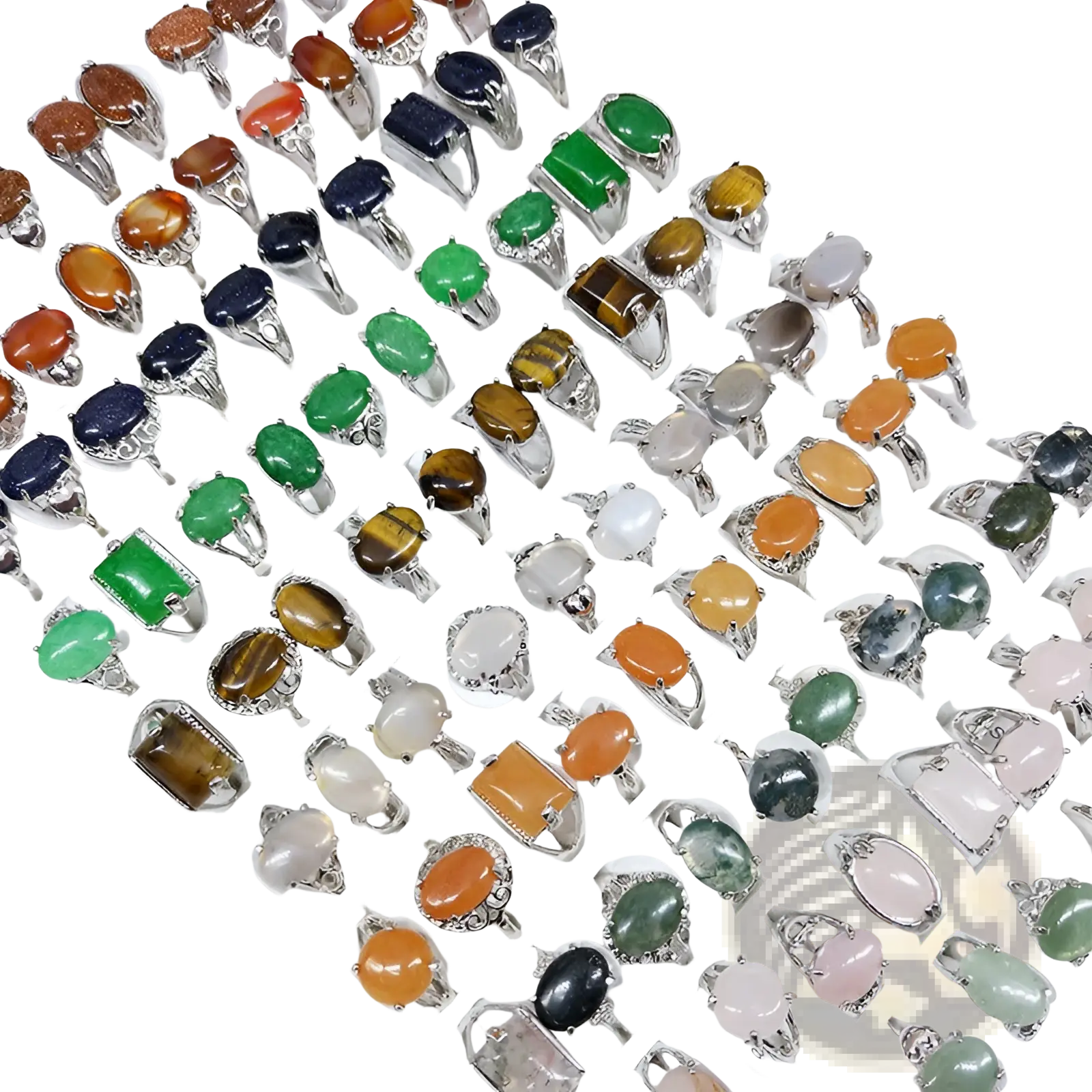 A collection of silver tone statement rings with oval rectangular and round natural colored gemstones