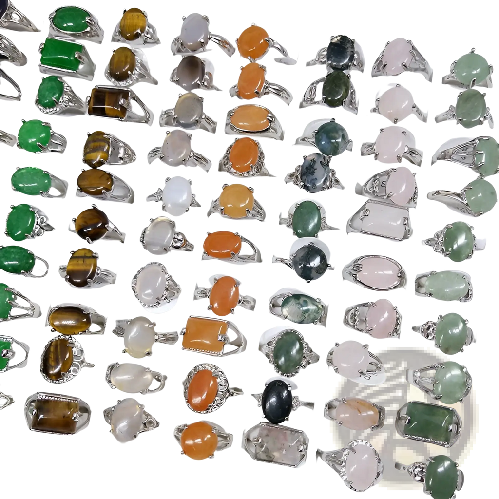 Natural gemstone silver tone statement ring collection with oval and rectangular cabochon stones in multiple colors