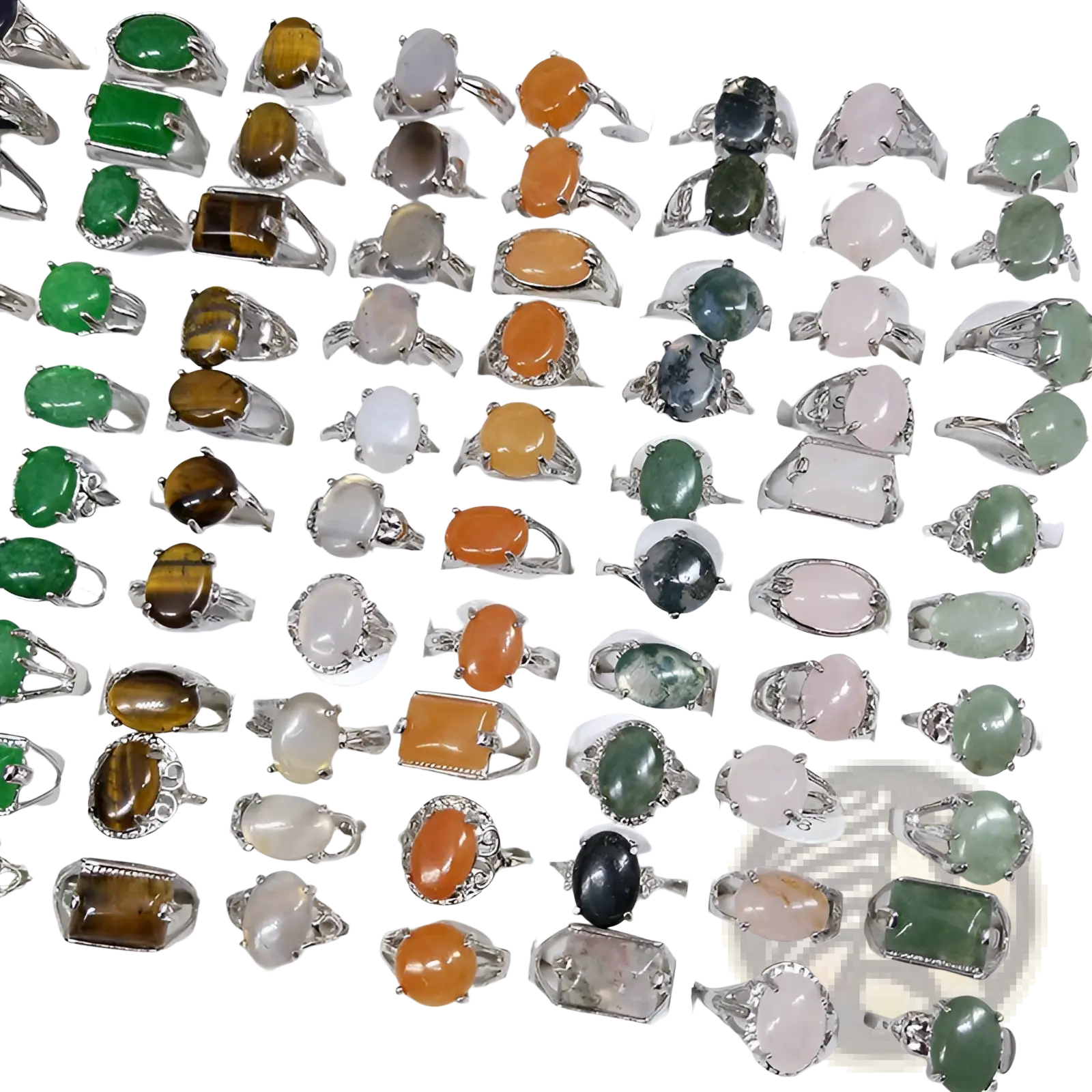 Natural gemstone silver tone statement ring collection with oval and rectangular cabochon stones in multiple colors