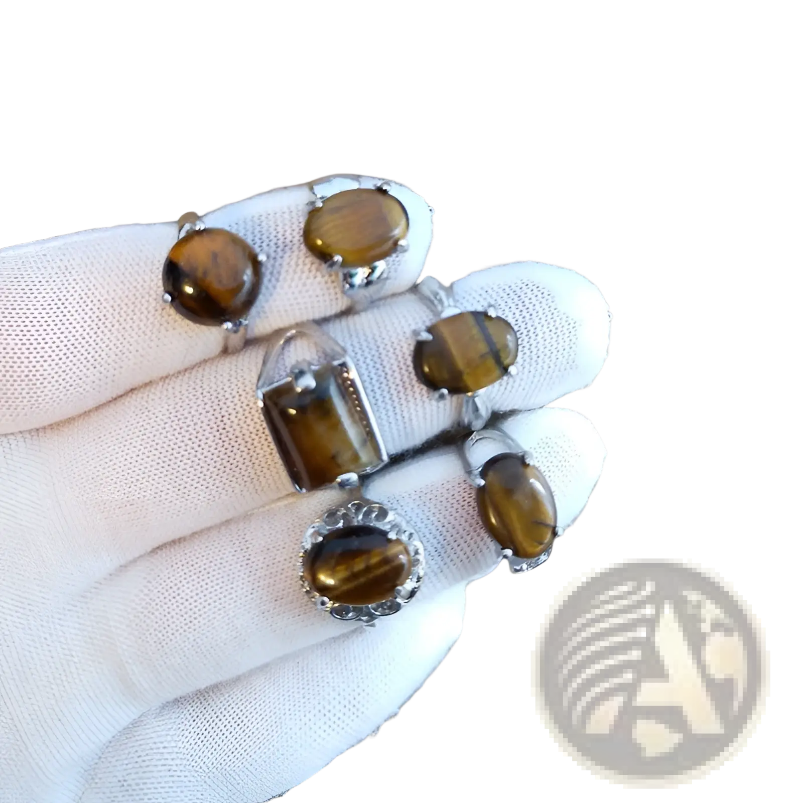 Set of five natural gemstone silver tone statement rings with golden brown tiger eye oval and rectangular stones