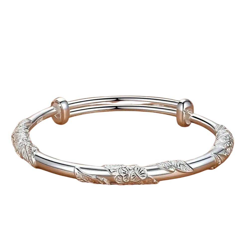 Silver natural jade raw stone floral sliding bangle with intricate leaf engravings and a polished finish