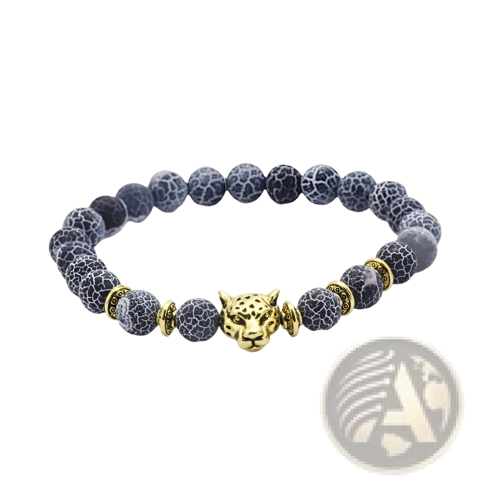 A gold-toned leopard head charm bracelet with dark gray crackled stone beads and metallic spacers natural lapis lazuli and lava stone
