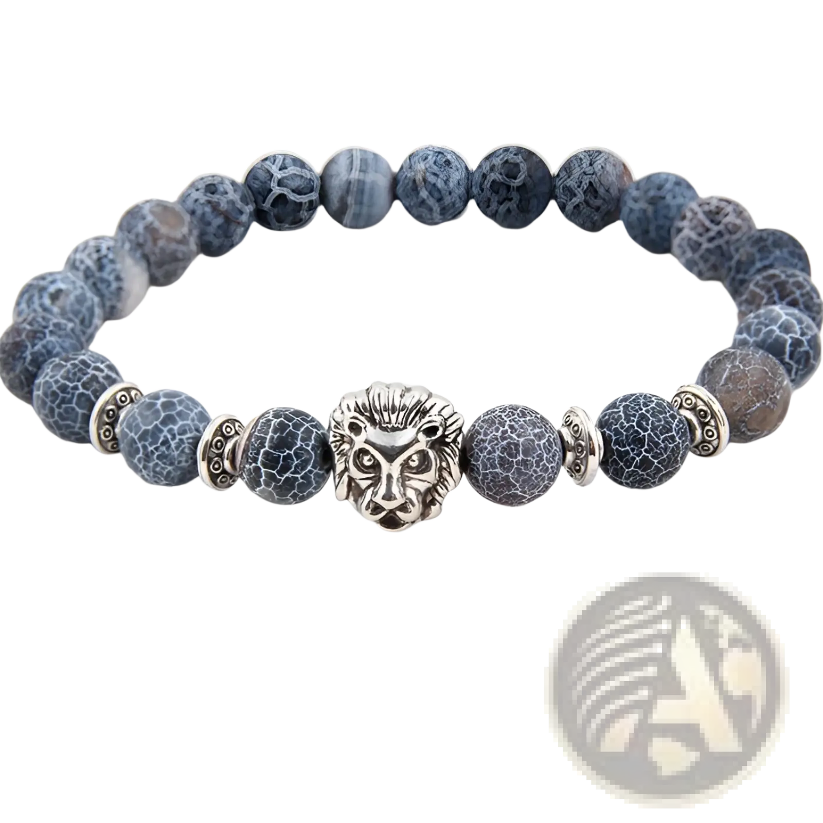 Natural lapis lazuli and lava stone bracelet with blue crackled beads, silver lion head charm, and metallic spacers