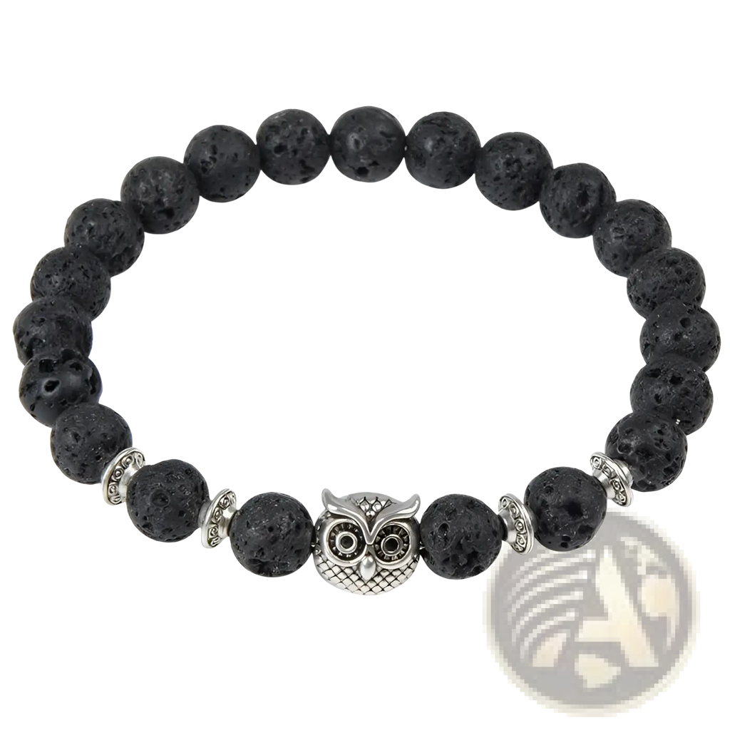 Natural lapis lazuli and black lava stone bracelet with silver owl charm and metallic spacers accessory