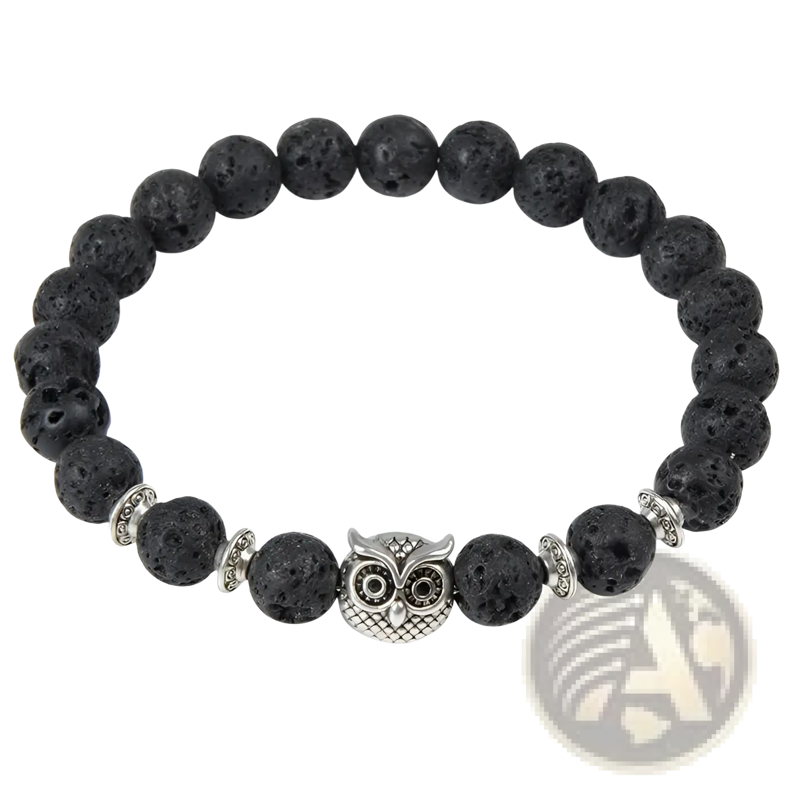 Natural lapis lazuli and black lava stone bracelet with silver owl charm and metallic spacers accessory