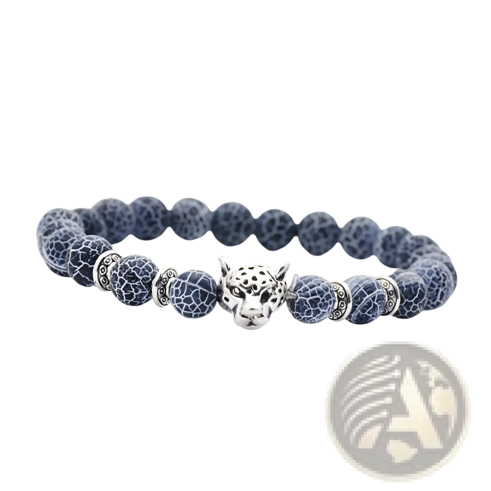 A navy blue crackled stone bracelet with a silver leopard head charm and metallic spacer beads natural lapis lazuli and lava stone owl charm bracelet