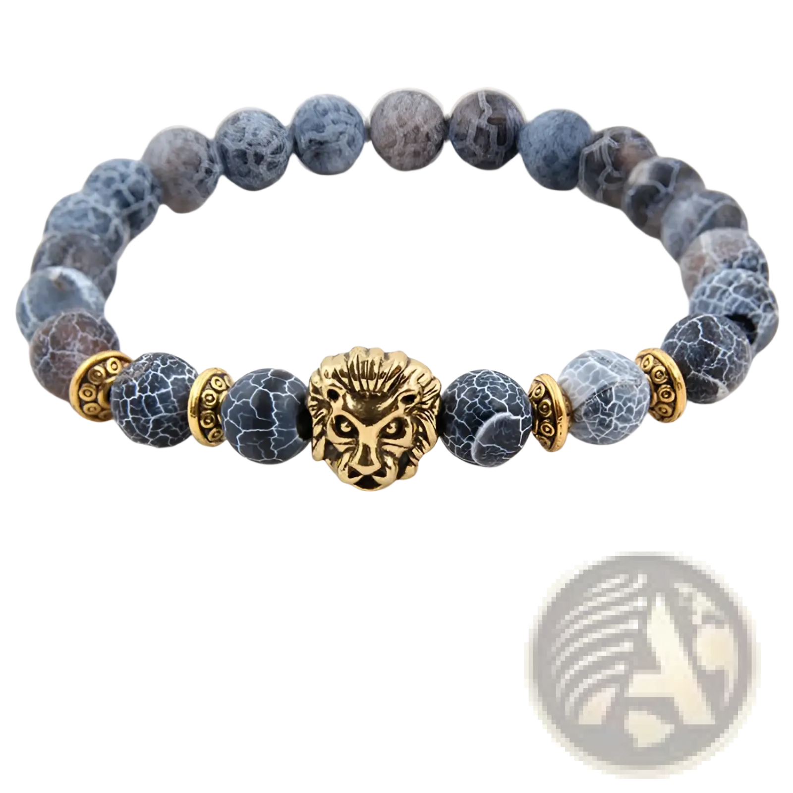 Natural lapis lazuli and lava stone bracelet featuring blue gray crackled beads and a gold-toned lion head charm