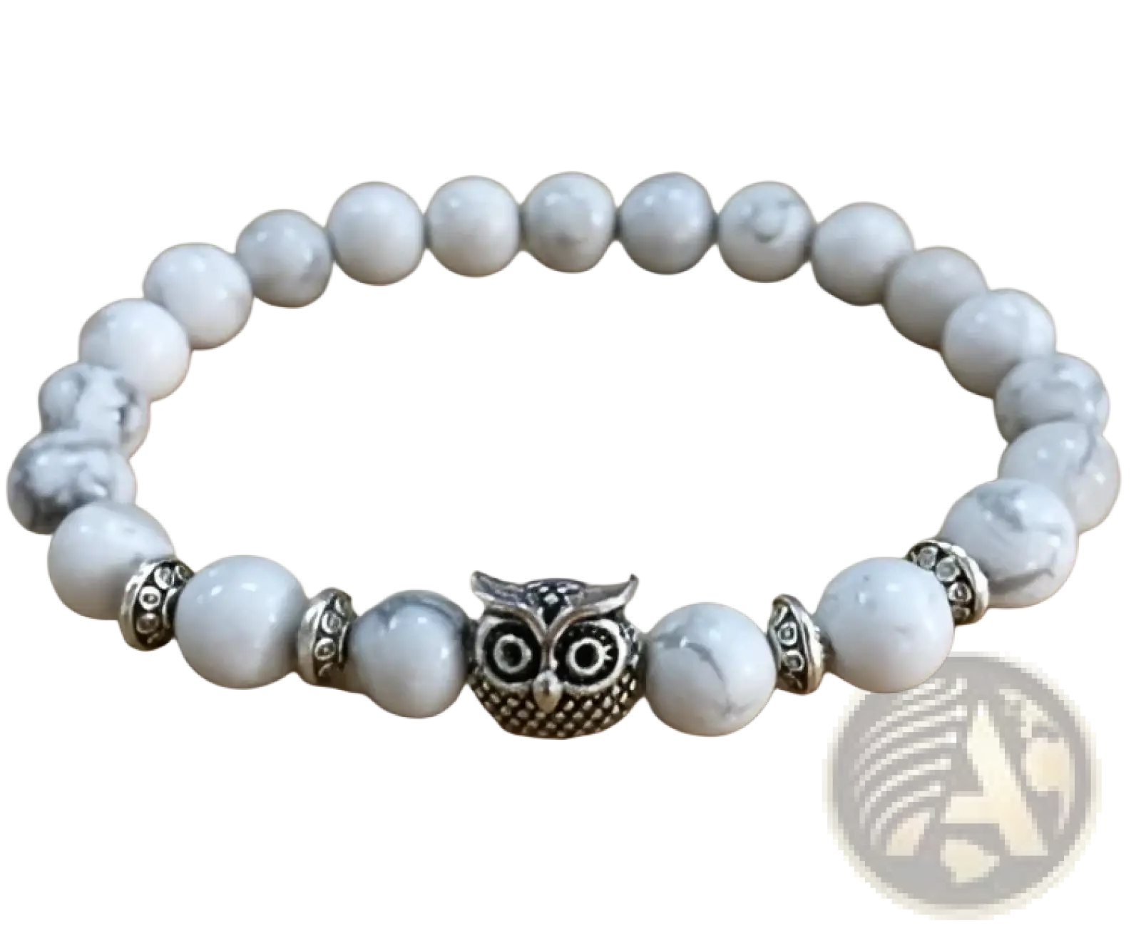Natural lapis lazuli and lava stone owl charm bracelet featuring white marble bead bracelet with silver owl charm and spacers