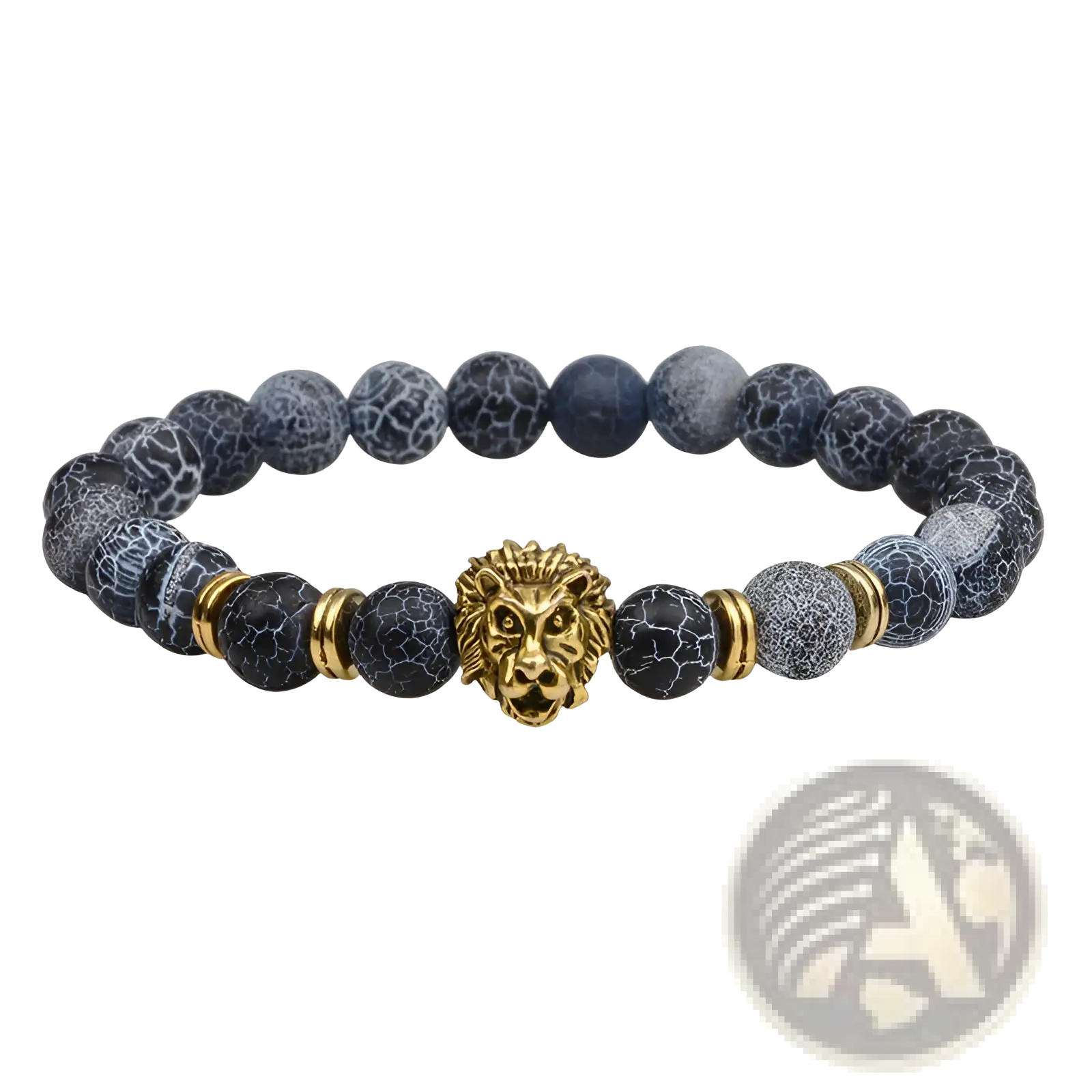 Natural lapis lazuli and lava stone bracelet with dark blue and gray crackled beads and a central gold lion head charm