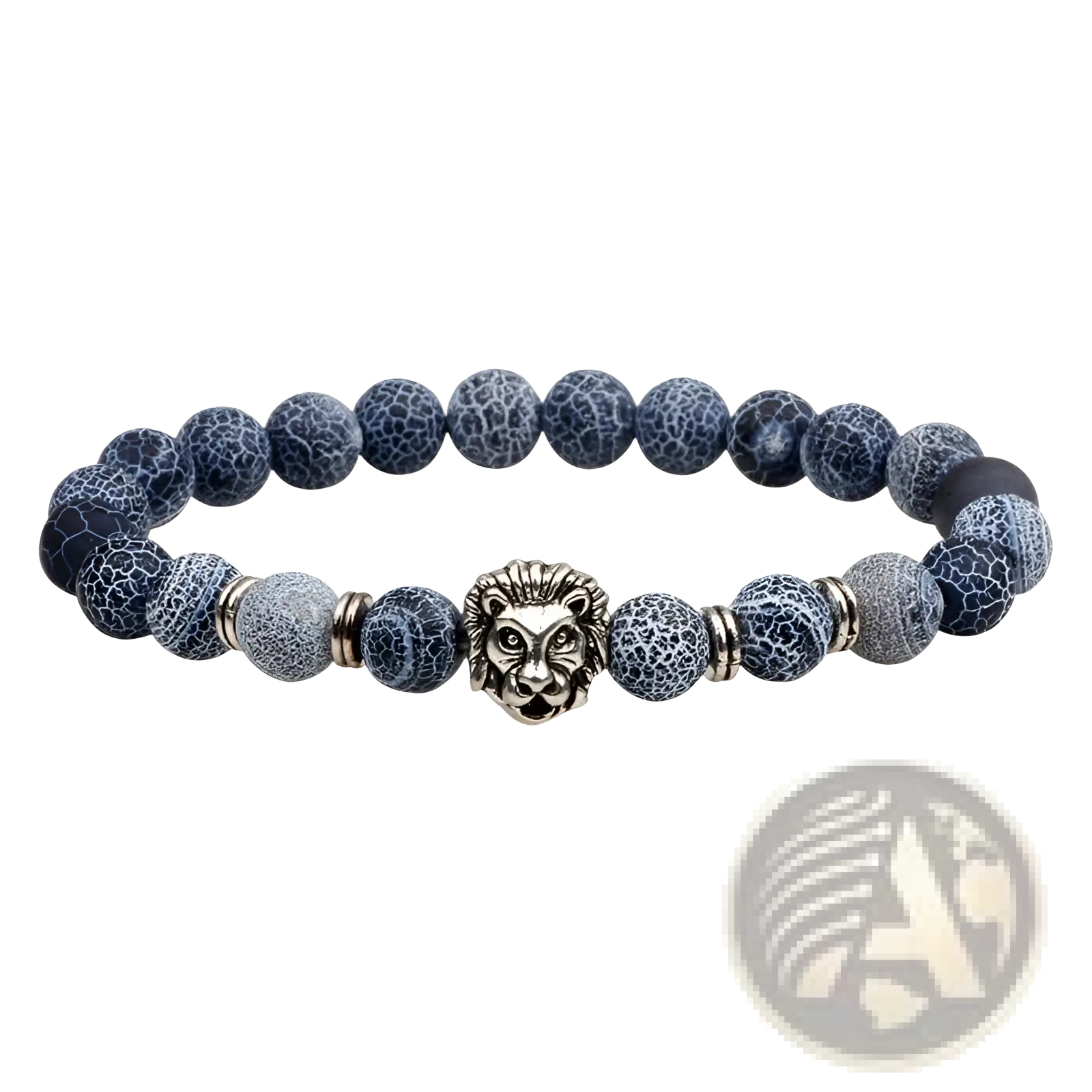Blue crackled lapis lazuli and lava stone bead bracelet with a central silver lion head charm for men and women