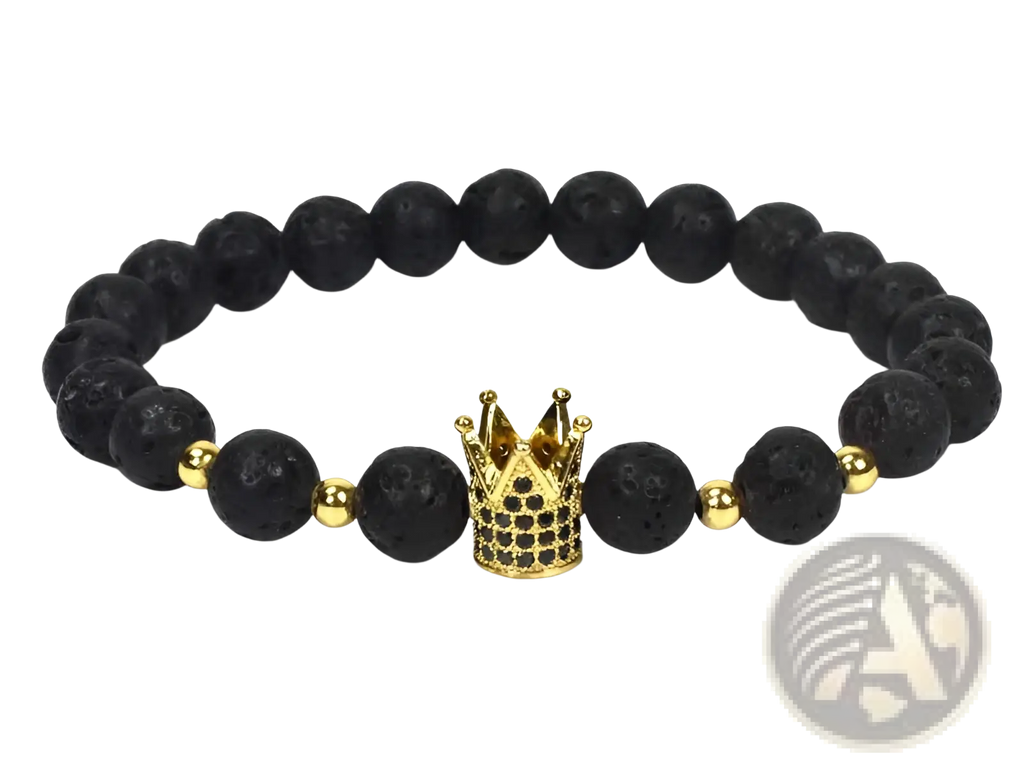 Black lava stone bracelet with gold crown charm and beads featured in natural lapis lazuli and lava stone owl charm bracelet