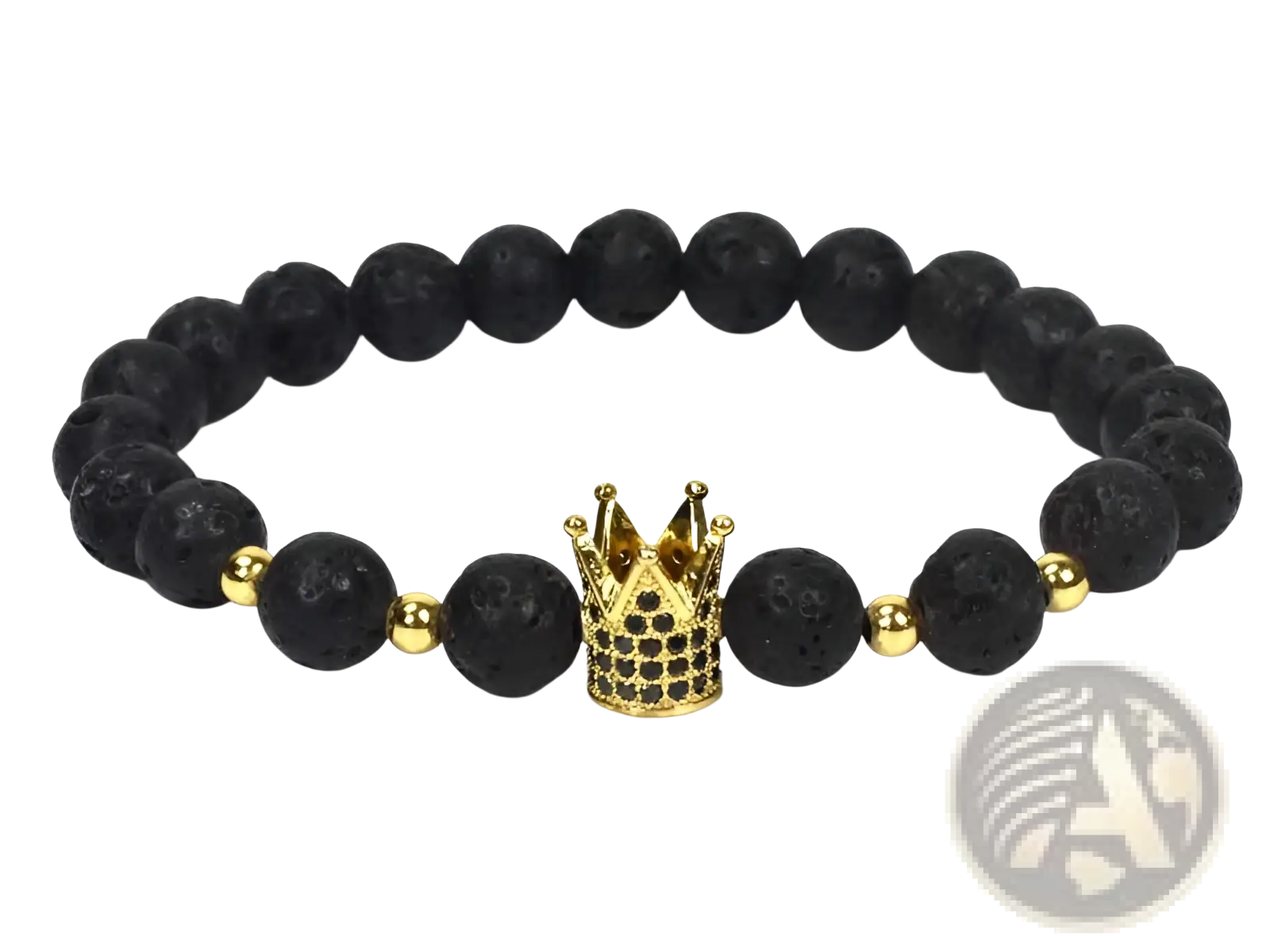 Black lava stone bracelet with gold crown charm and beads featured in natural lapis lazuli and lava stone owl charm bracelet