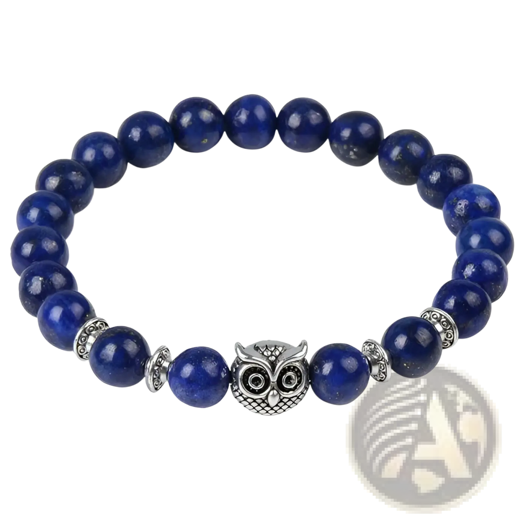A navy blue natural lapis lazuli bead bracelet with a silver owl charm and metallic spacers