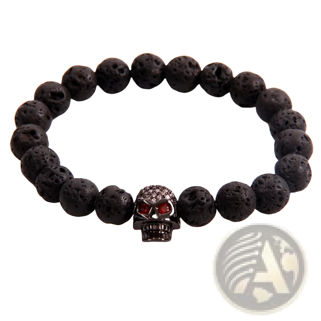 Natural lapis lazuli and black lava stone bracelet with central skull charm featuring red gemstone eyes and diamond detailing