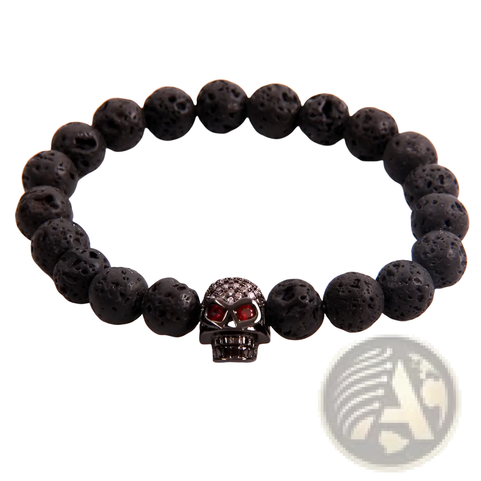 Natural lapis lazuli and black lava stone bracelet with central skull charm featuring red gemstone eyes and diamond detailing