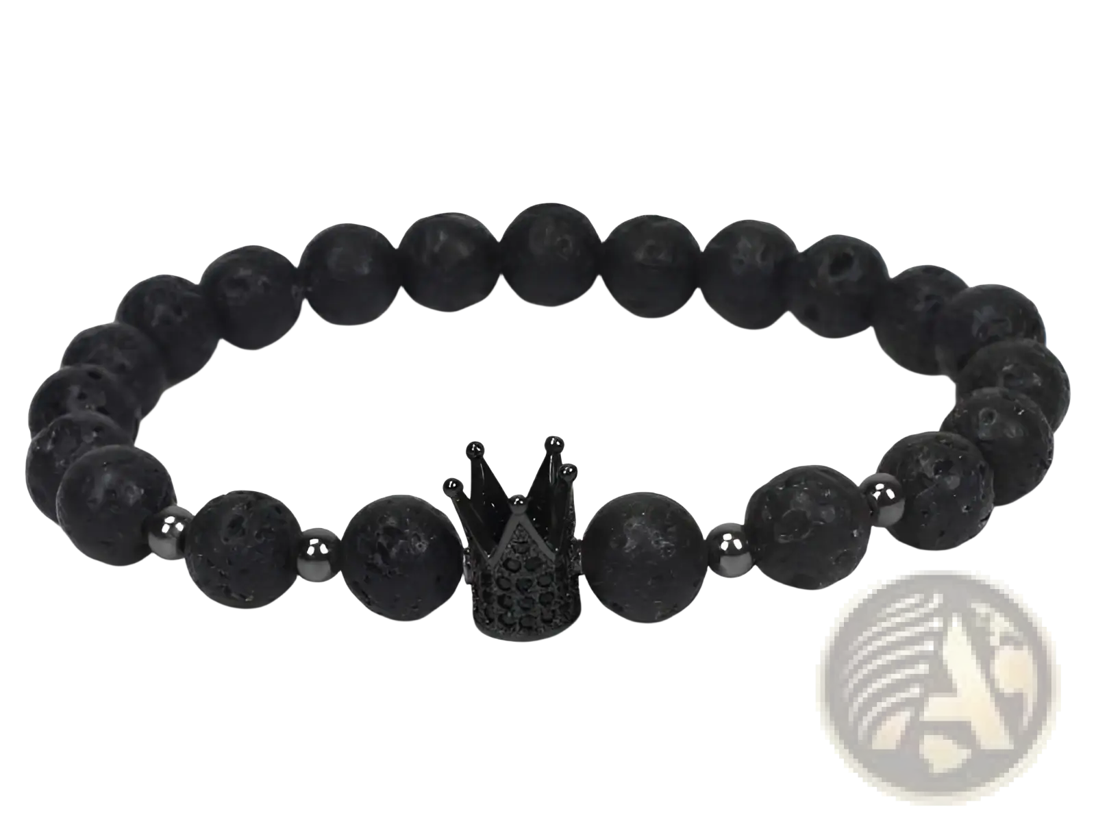 Black lava stone bracelet with central black crown charm featuring intricate detailing and natural lapis lazuli owl charm